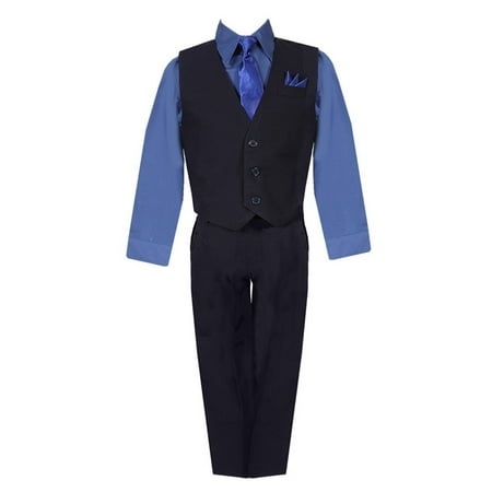 Boys Black Navy Shirt Vest Pants Neck Tie Pocket Hanky 5 pcs Suit 8-20