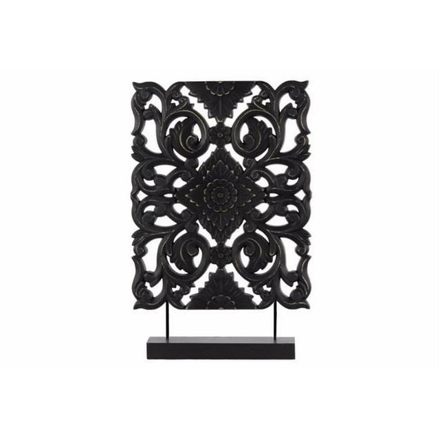 Benzara BM179237 Wood Tall Rectangular Filigree Ornament on Rectangular Stand, Black