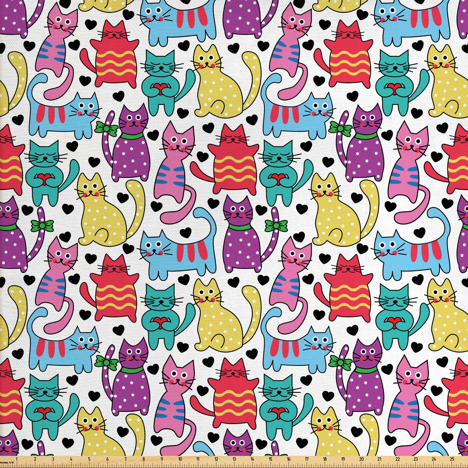 Cat Fabric by the Yard, Cartoon Style Lively Colored Friendly Cheerful
