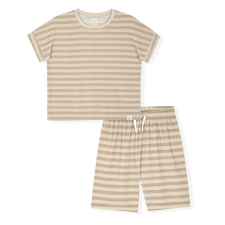 Sleep On It Boys 2-Piece Short-Sleeve Terry Pajama Shorts Set - Taupe Stripe , 8-10
