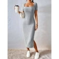 thumbnail image 5 of Women 2025 Summer Ribbed Short Sleeve Bodycon Maxi Dress Side Slit Knit Square Neck Long Sundress Light Gray L, 5 of 7
