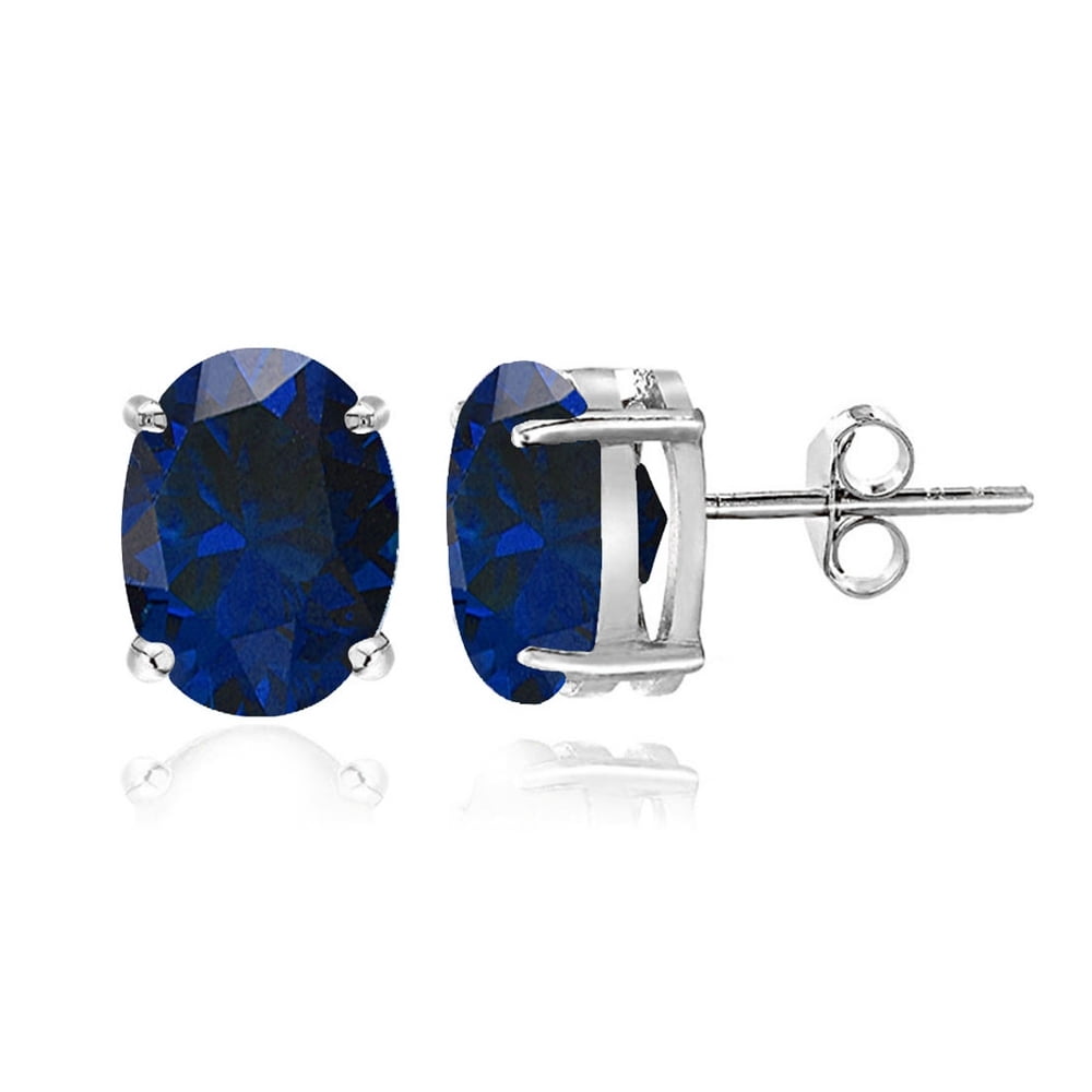 Created Blue Sapphire 6x4mm Oval-Cut Solitaire Sterling Silver Stud Earrings