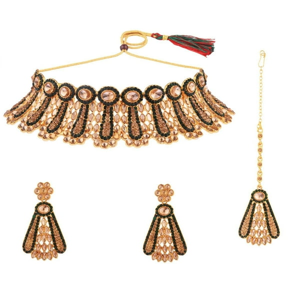 Efulgenz Indian Jewelry Set Rhinestone Austrian Green Crystal Choker Bridal Necklace Earrings with Maang Tikka Head Chain Wedding Jewelry Set for Women