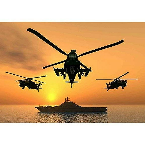 wall26 - Apache Helicopter with Aircraft Carrier - Removable Wall Mural | Self-Adhesive Large Wallpaper - 100x144 inches