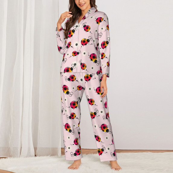 Fuzoiu Ladybugs And Flower Print Women's Long-Sleeved Pajama,Lounge Button Down Nightwear,Womens Notch Collar Pajama Set-X-Large