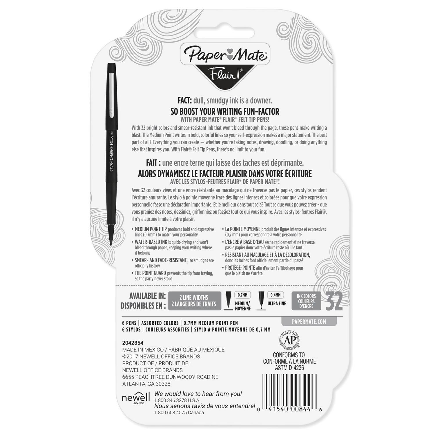 Stylos feutres Paper Mate Flair, pointe moyenne (0,7 mm), couleurs tropicales assorties, 6 pièces