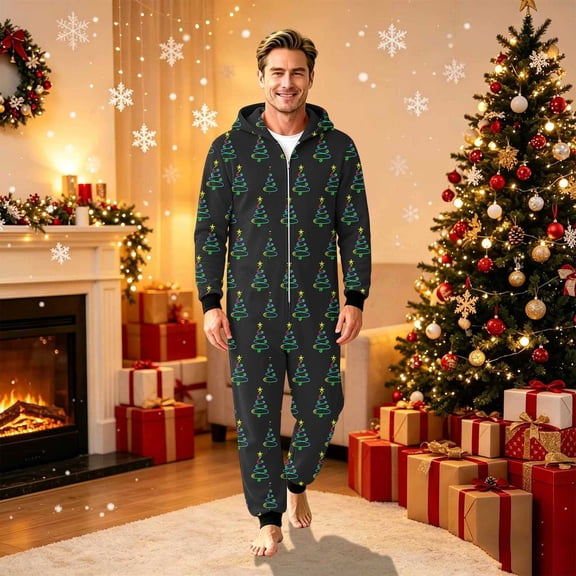 Family Matching Christmas Onesie Pajama, Hooded Full Zip Long Sleeve Jumpsuit, Allover Colorful Christmas Tree Print, Pajama for Women Men