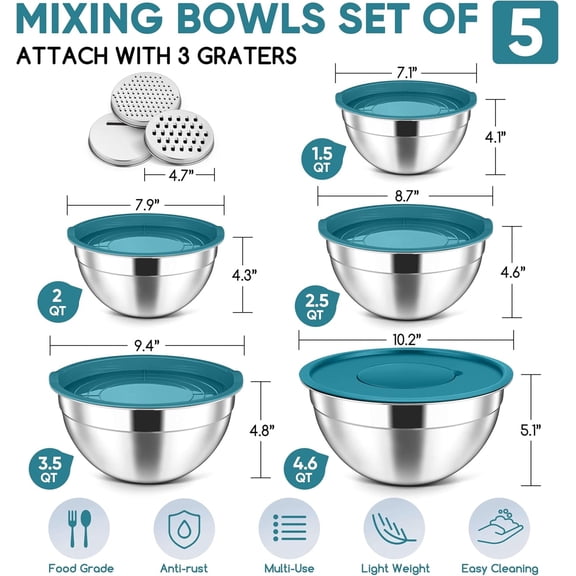 YUYAN-5-Piece Mixing Bowls with Lids, 3 Grater Attachments, Stainless Steel Salad Bowls for Kitchen, Size 4.6, 3.5, 2.5, 2, 1.5QT Ideal for Baking, Prepping, Mixing and Serving, Blue