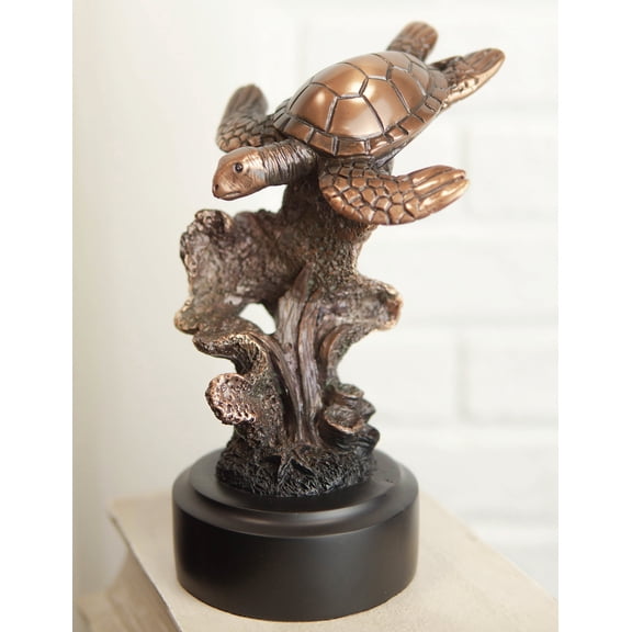 Ebros Sea Turtle Swimming By Corals Starfish Electroplated Bronze Resin Statue
