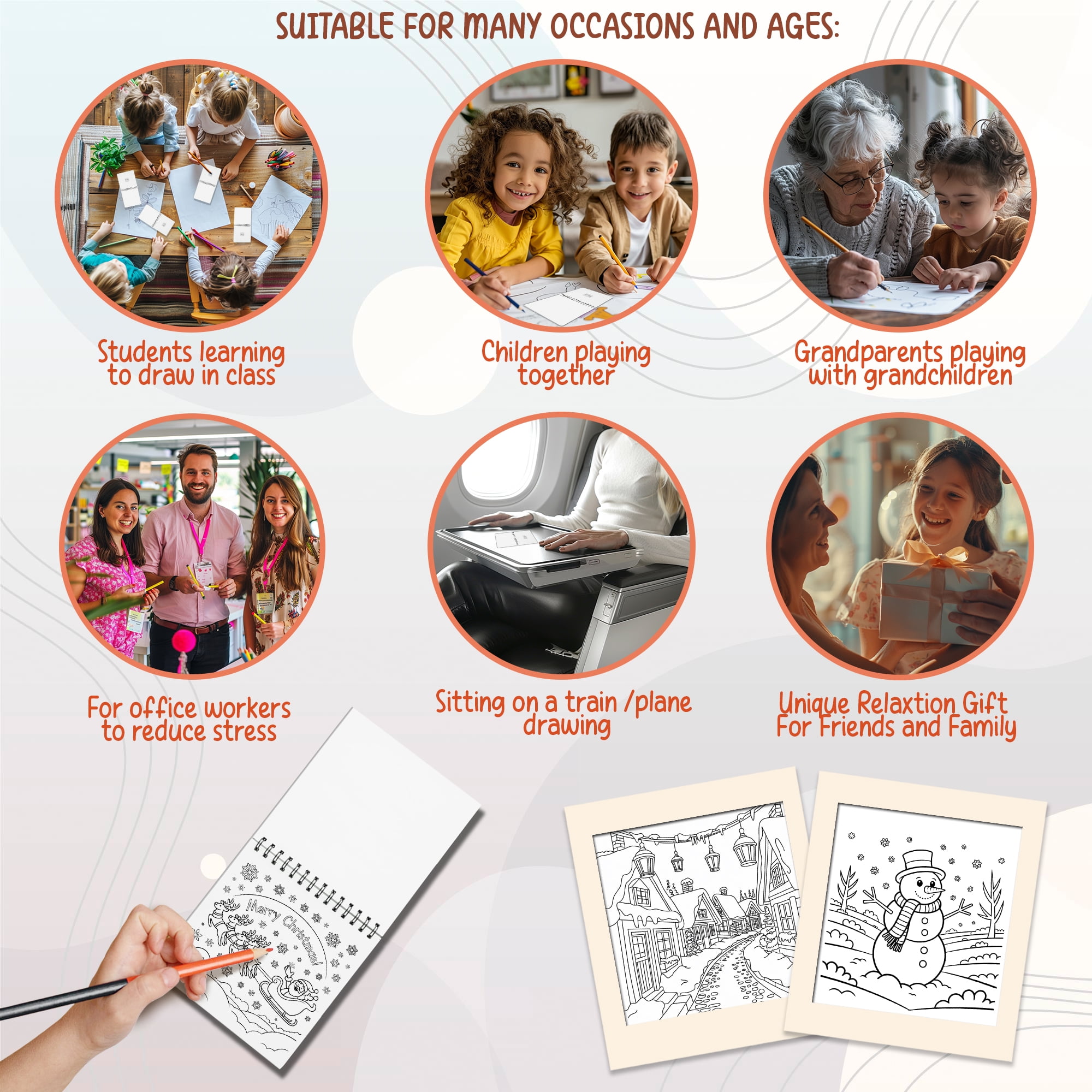 Holiday Themes Coloring Book Spiral Bound for Adult, Pack 6, 3.5” x 3.5” Pocket Size, 40 Coloring Pages Stress & Anxiety Relief, Travel for Women Men