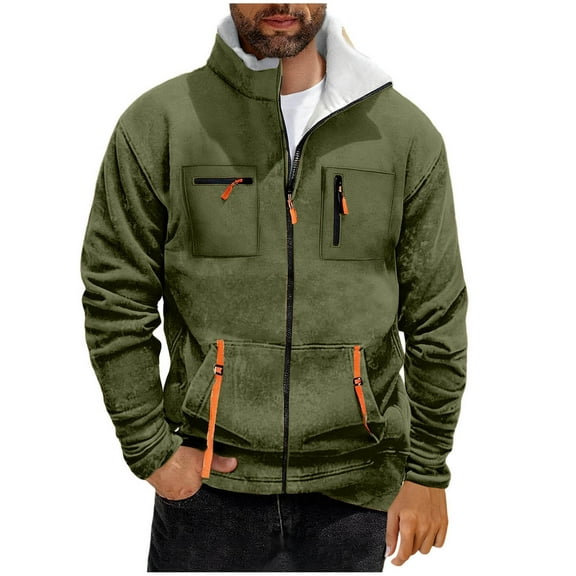 KeShDi Fleece Jacket Mens Puffer Jacket Men's Casual and Fashionable Solid Color Long Sleeved Stand Collar Zipper Pocket Blouse/Shirt Army Green 5X