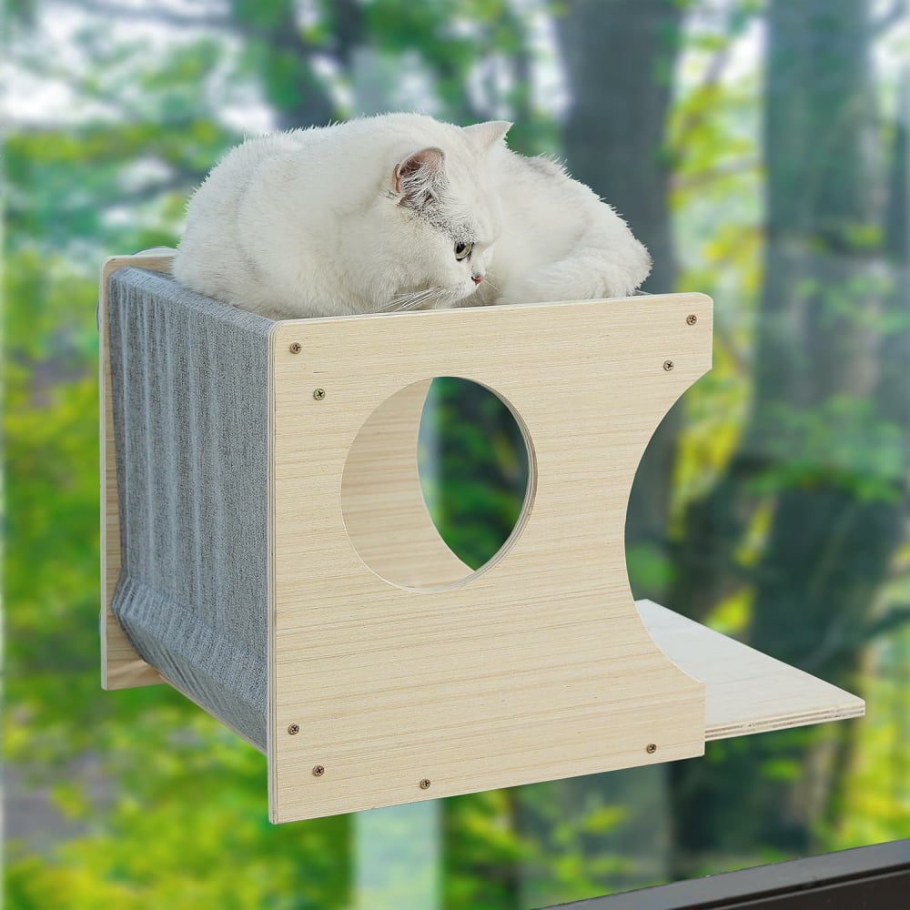 MIDOQIN Window Cat Perch, Sturdy Wood Cat Window Hammock with Heavy Duty Suction Cups, Cat Bed for Overlooking & Sleeping (Left)