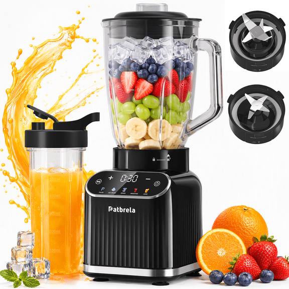 Blender for Smoothies, 50oz Glass Jar with 20oz Juicer Cup, 1200W Kitchen Blender, Juice, Ice Crush, 3 Speed & Pulse, Patbrela 120S Timer, 6 & 4-Blade