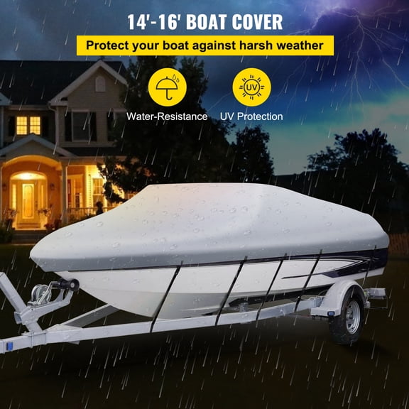 KFFKFF V-Hull Boat Cover 14-16ft Tri-Hull Trailerable Boat Cover Waterproof Heavy Duty