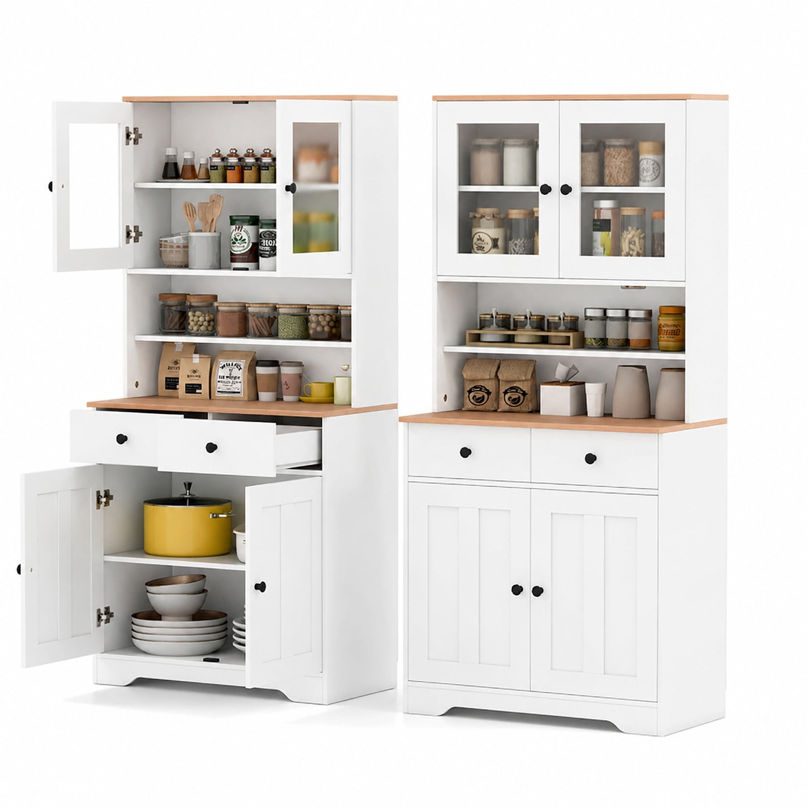 Furnibear Tall Kitchen Pantry Cabinet with Glass Doors 2 Drawers Adjustable Shelves and Countertop Freestanding Storage Cabinet for Kitchen, White