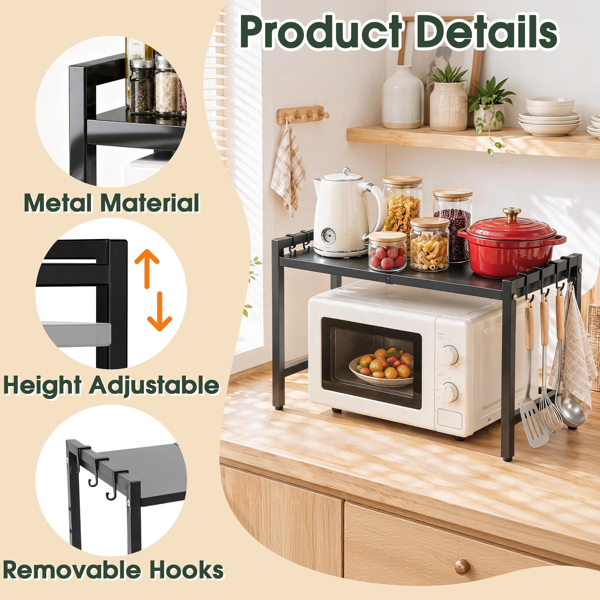 Microwave Oven Rack, Expandable Metal Kitchen Countertop Storage Shelf with 6 Hooks, Counter Organizer for Small Kitchen Appliances, Microwave Oven Storage Rack for kitchens Bathrooms Offices