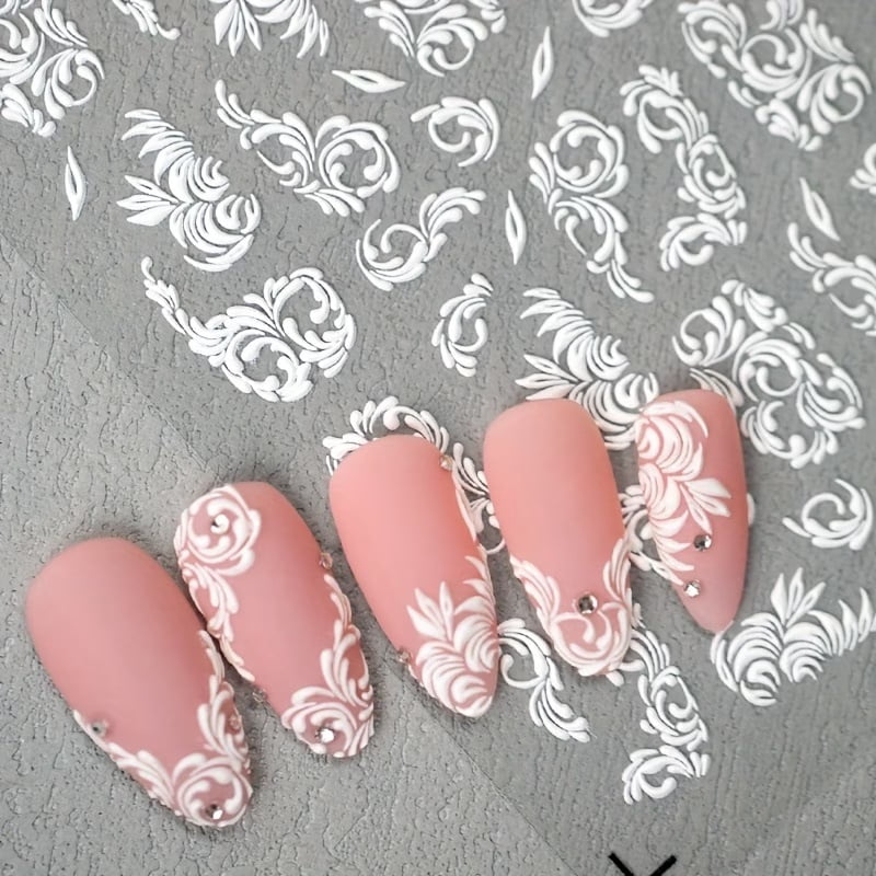 Elegant White Floral Lace Nail Art Stickers - Self-Adhesive, Matte Finish, Perfect for Weddings & Special Occasions, DIY Nail Decorations