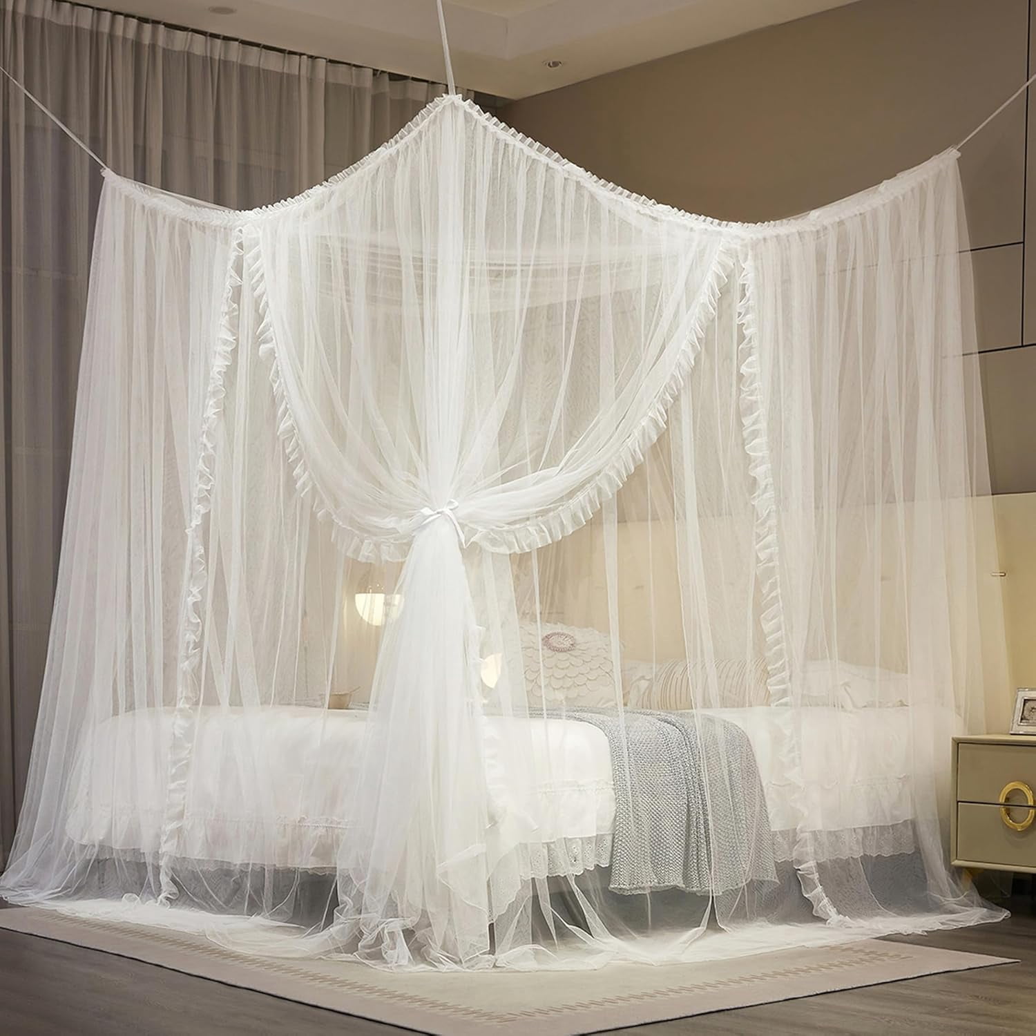 4 Corners Post Princess Curtain Bed Canopy Lace Up Double Layer 4 Opening Mosquito Net Mesh for Girls Bedroom Decoration(White, 59" W*82" L*82" H/Queen)