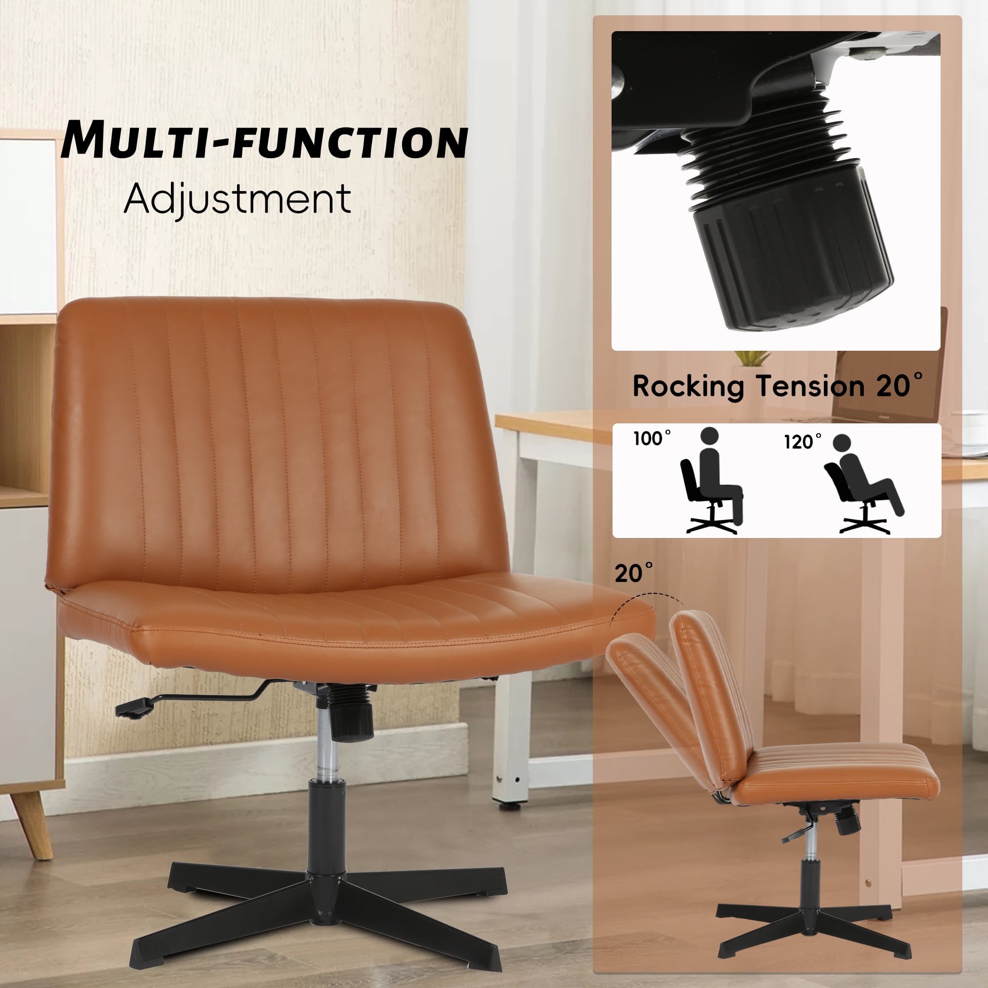 CL.HPAHKL Criss Cross Desk Chair, Height Adjustable Comfy Computer Task Chairs with Back No Wheels Armless Cross Legged Chair Modern Vanity Swivel Chair for Home Office Bedroom (1, Brown)