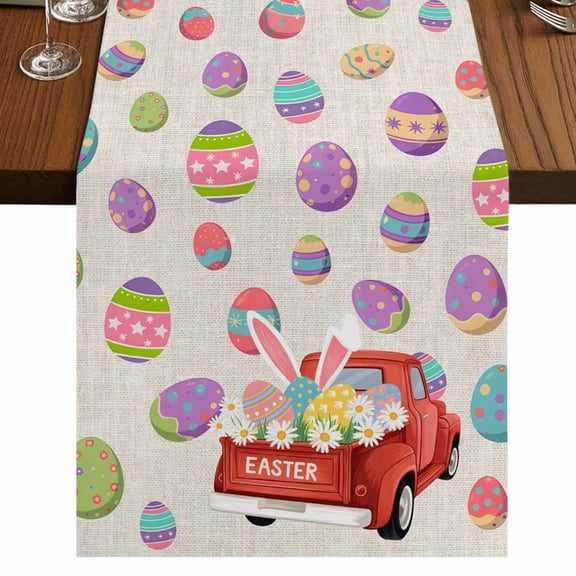 Table Runners 36 Inches Long Dress Scarves, Easter Eggs Farmhouse Kitchen Table Runner, Short Coffee Tablerunners, Spring Watercolor Bunny Daisy Truck on Linen 13x36 Inch
