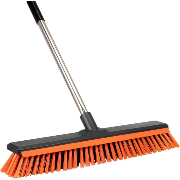 18" Push Broom Outdoor with Rubber Squeegee,Heavy Duty Brush Handle,Stiff Bristles for Patios and Deck Dirt Garage Warehouse Driveway Concrete Floor Cleaning Scrubbing