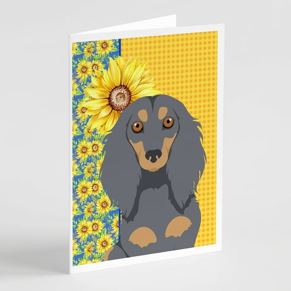 Summer Sunflowers Longhair Blue and Tan Dachshund Greeting Cards and Envelopes Pack of 8 7 in x 5 in