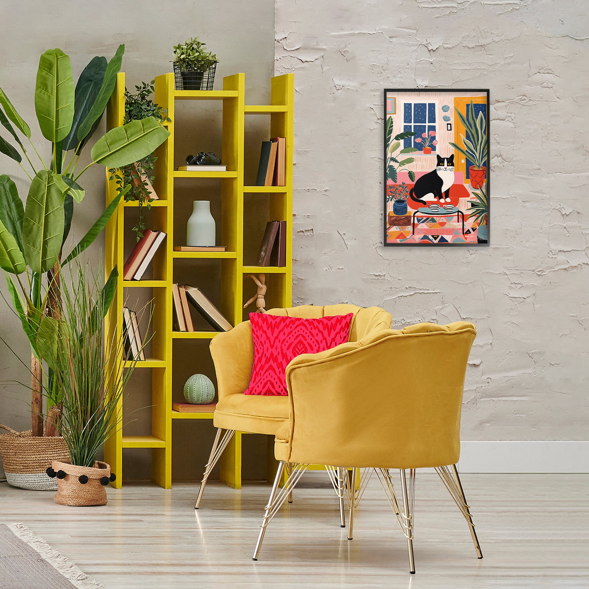 Stupell Industries Eclectic Living Room Cat Animals & Insects Painting Black Framed Art Print Wall Art, 16 x 24