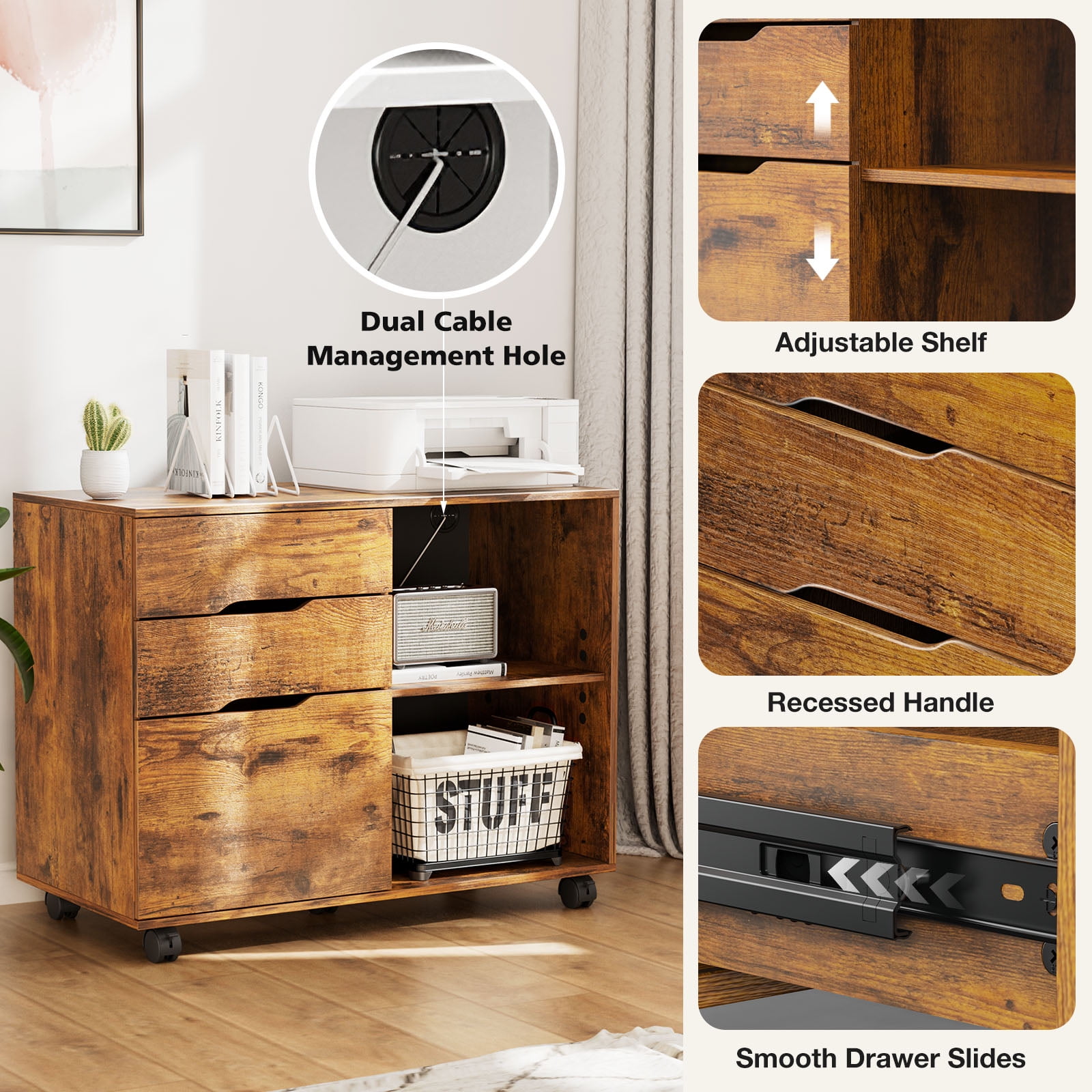 GIANNA 3 Drawer File Cabinet with Wheels, Rolling Wood Printer Stand and Open Storage Shelves for Home Office, Rustic Brown