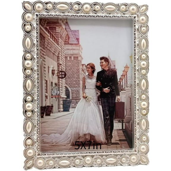 5x7in Vintage Metal Picture Frame White Big Pearl Photo Frame Wedding Decoration, Clear Glass Front, Unique Tabletop or Wall Display, Horizontally & Vertically,Perfect Gift Choice