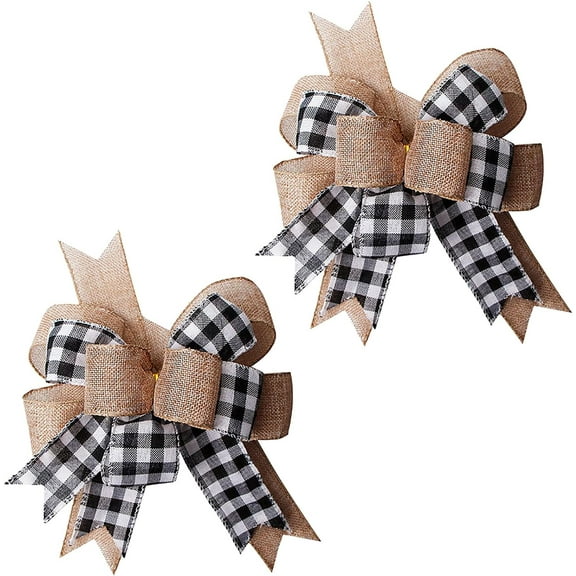 2Pcs Black White Plaid Gift Bows Burlap Wreaths Bows Christmas Tree Topper for Wedding Holiday Birthday Party Decoration 12" x 9.4"