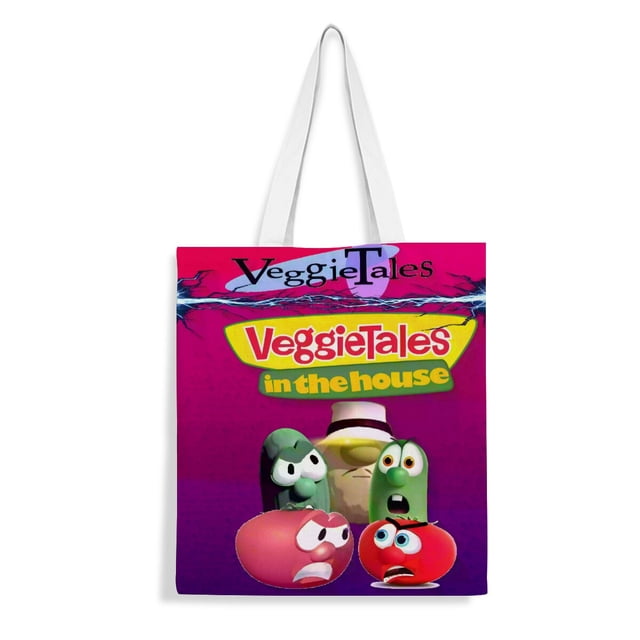 VeggieTales in the House Bolso de tela con estampado de lienzo para mujer, bolsa de compras reutilizable y estética, con cremallera interior, regalo para mujer,40*45cm.