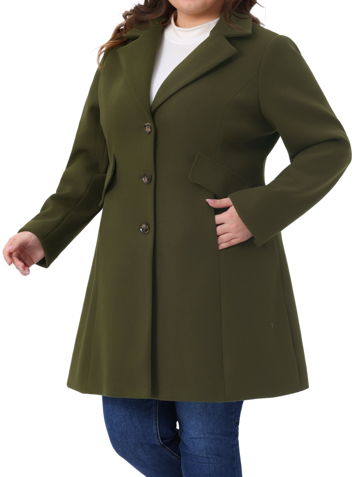 DARING DIVA Women's Plus Mid Length Notch Lapel Single Breasted Pea Jacket 2X Army Green