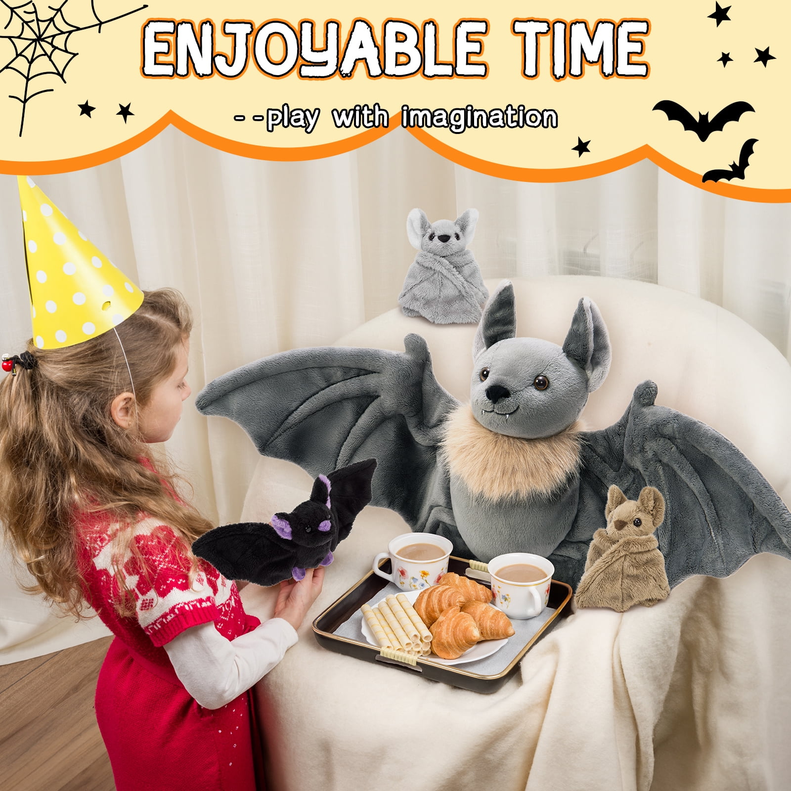 MorisMos 4Pcs Realistic Goth Bat Stuffed Animals Set, Large Mommy Stuffed Bat with 3 Cute Babies Plush Toys