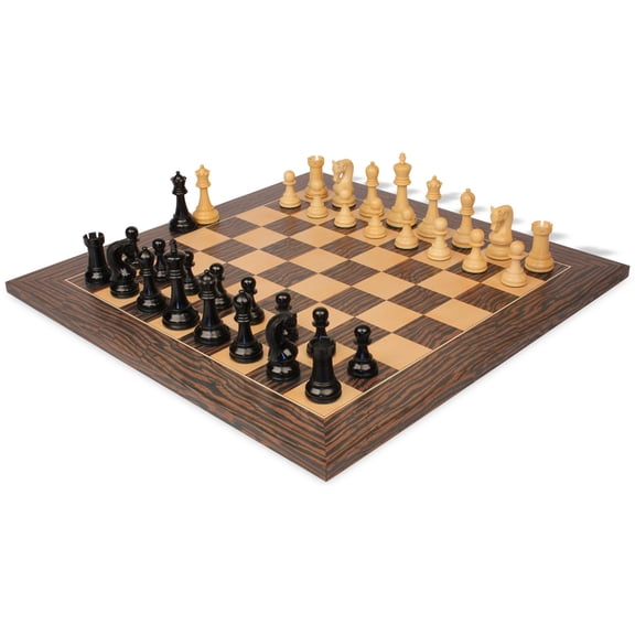 Leningrad Staunton Chess Set Ebonized & Boxwood Pieces with Deluxe Tiger Ebony & Maple Board - 4" King