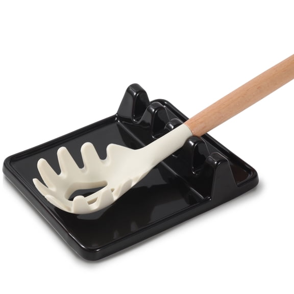 Ceramic Spoon Rest & Kitchen Utensil Rest, Heat-Resistant Drip Pad for Countertop – Holds Spoons, Ladles, Tongs & More, Stove Top Spoon Holder(Black)