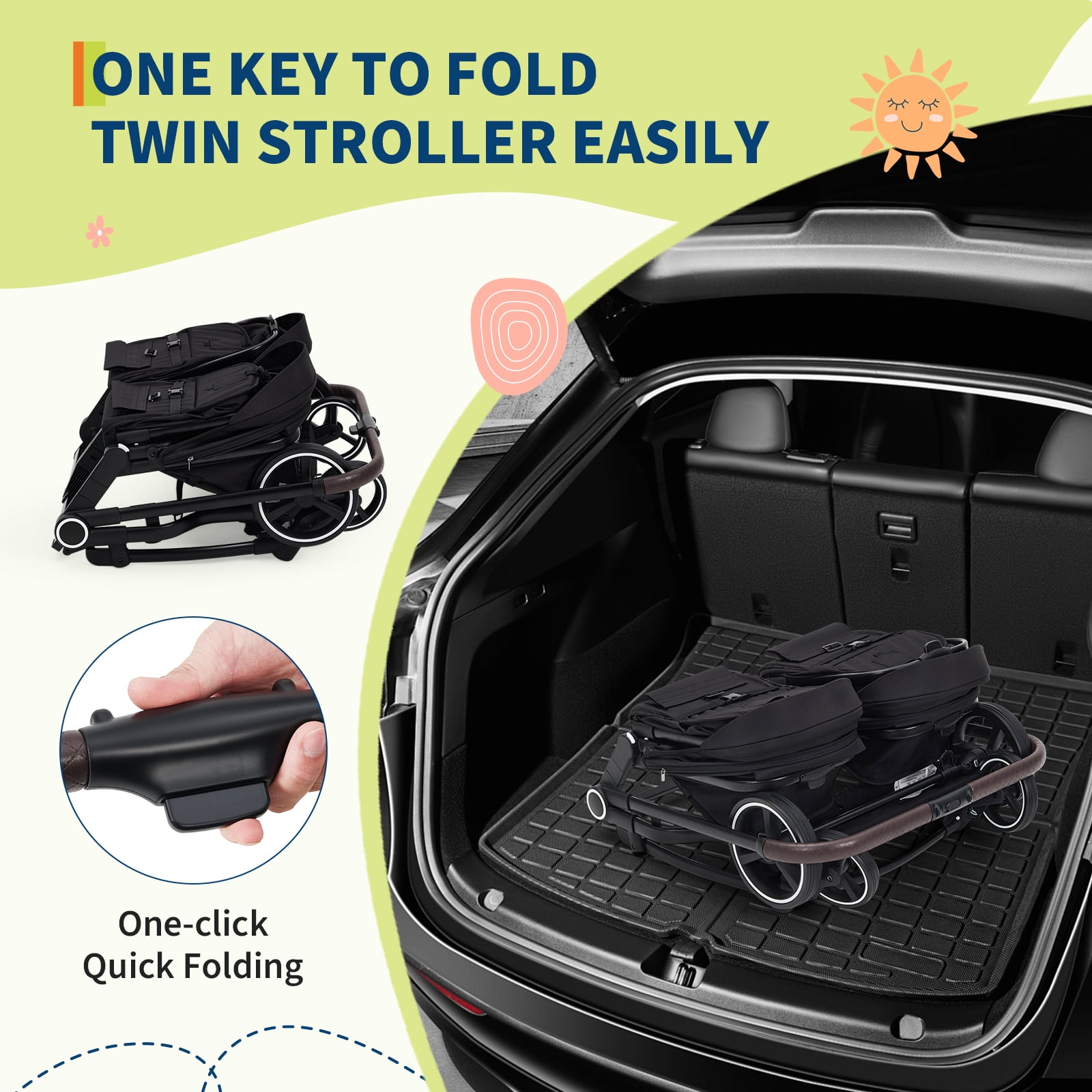 Roromall Side by Side Double Stroller for Twins, Adjustable Compact Folding Baby Travel Stroller with High Landscape Seat, Lightweight Canopy & Recline for Infant and Toddler