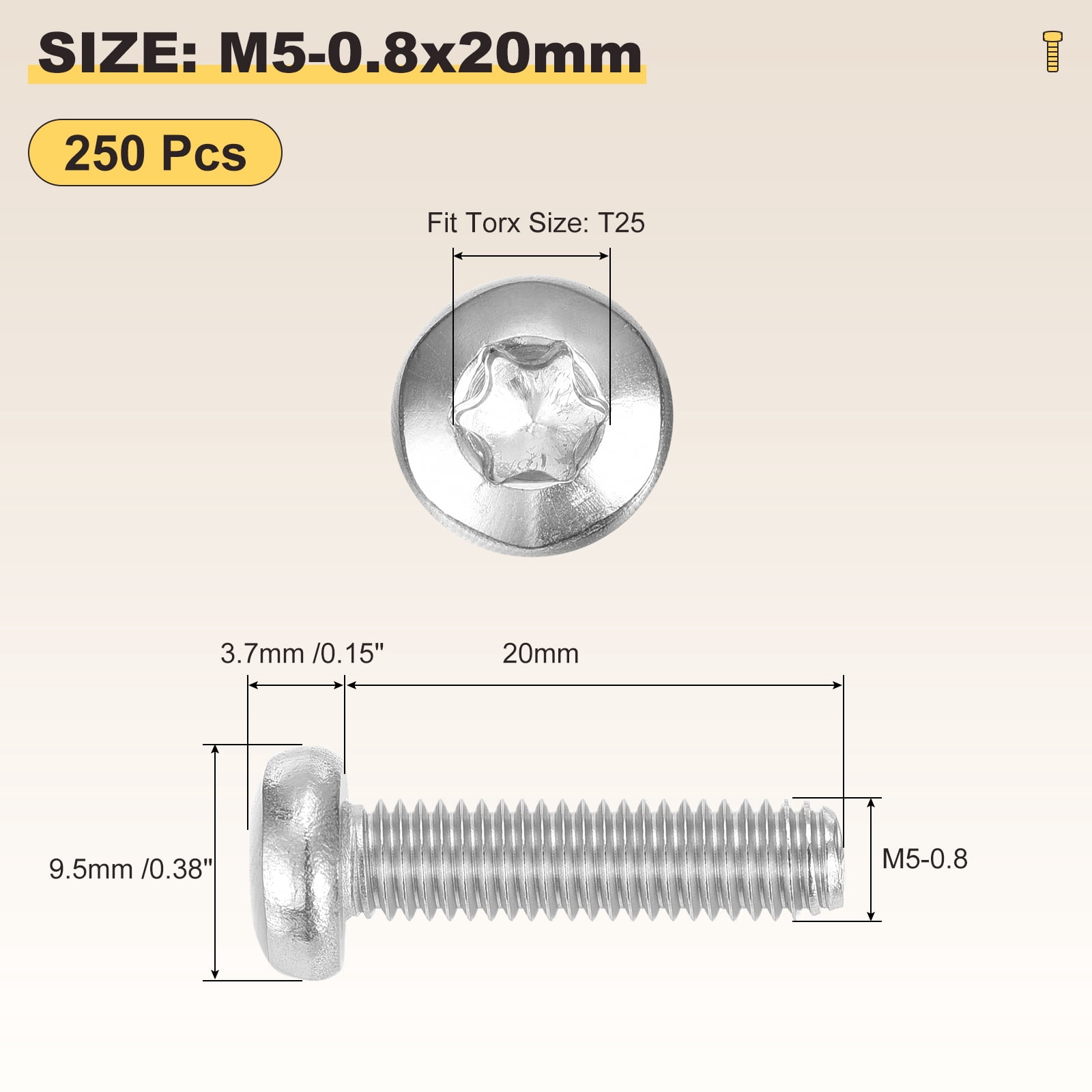 Pan Head Torx Security Screws Bolts (M5-0.8x20mm) 250Pcs, Button Torx Head Machine Screws 304 Stainless Steel - for Furniture Woodworking Project, Silver Tone
