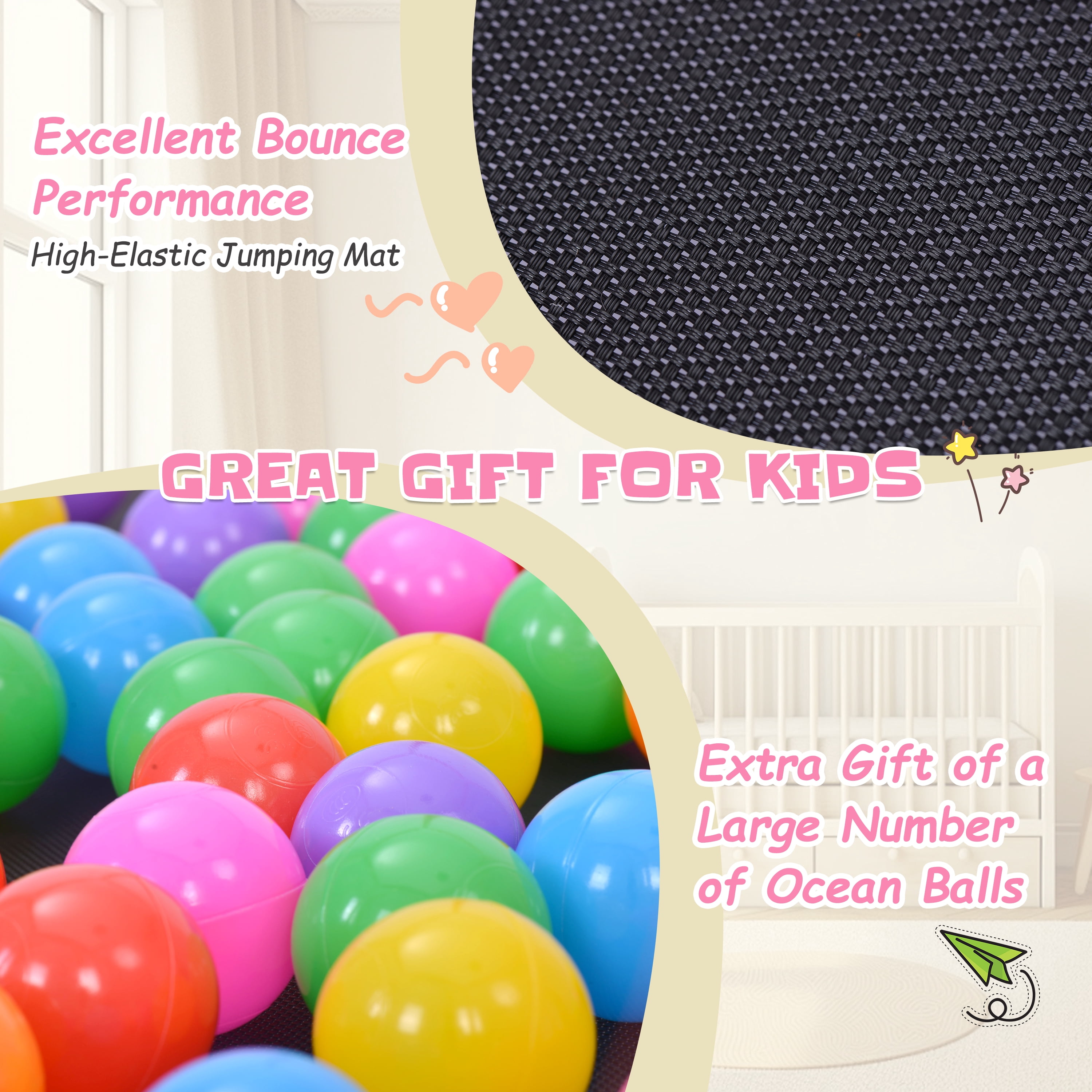 EUROCO 55" Mini Toddler Trampoline with Ocean Balls, No-Gap Design, Small Round Trampoline for Kids with Upper&Lower Safety Net