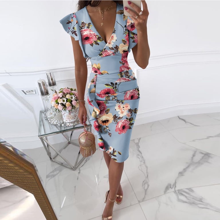 Zoeecloth Womens Wrap V-Neck Dresses High Waist Flowers Print Slimming  Dresses Ruffle High Party Bodycon Dress S-XXL - Walmart.com