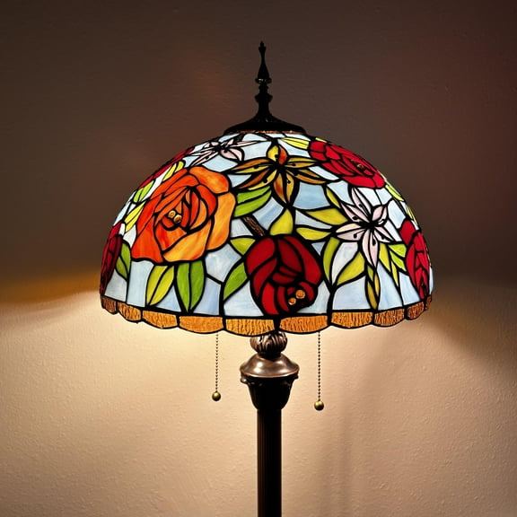 Tiffany Floor Lamp Blue Red Orange Stained Glass Rose Flowers For Living Room Bedroom 16"W*16"D*64"H