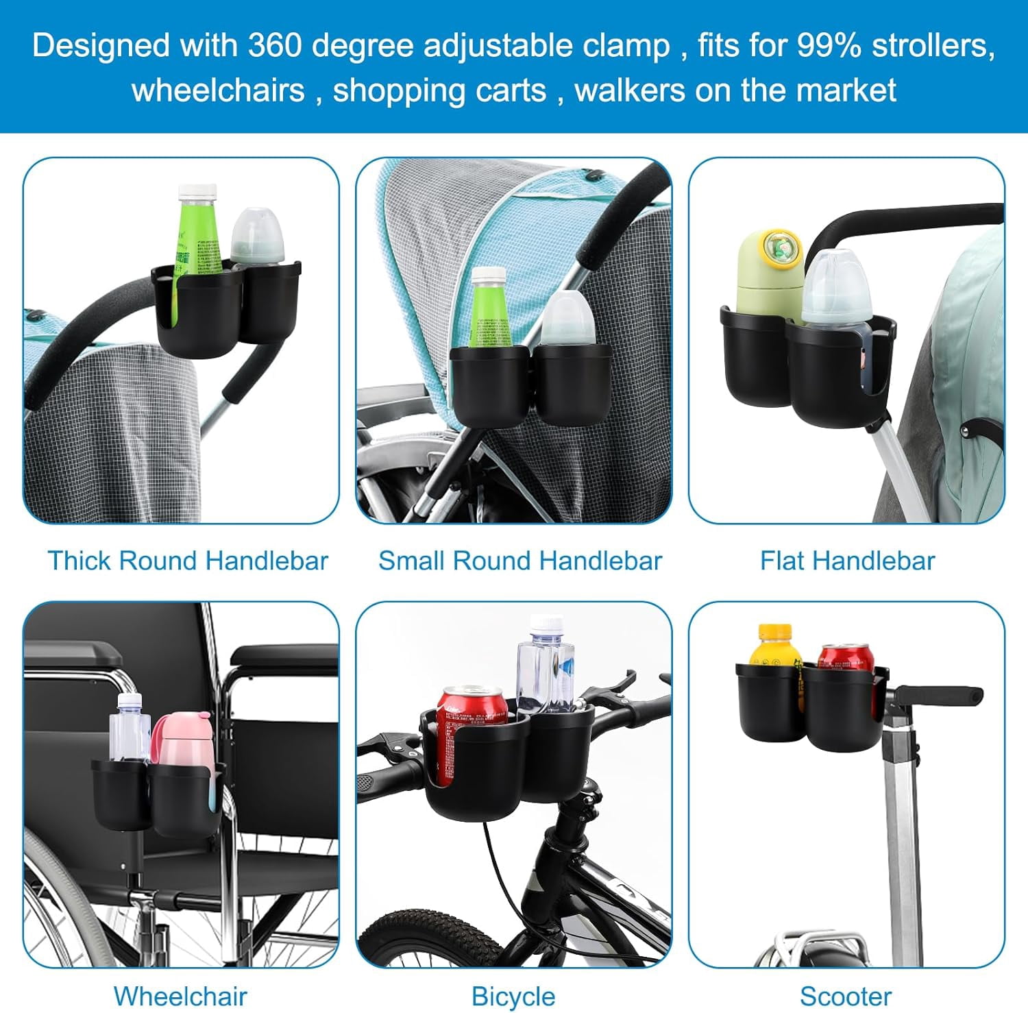 Stroller Cup Holder, Bike Cup Holder, Universal Cup Holder for Uppababy Nuna Doona Strollers, 2-in-1 Cup Phone Holder for Walker Wheelchair Scooter Accessory