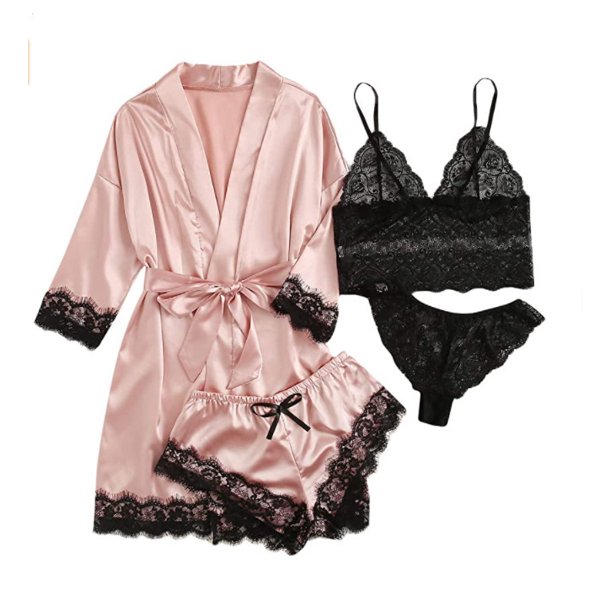 Conjunto de pijama de encaje de cuatro piezas para mujer, traje de tirantes, lencería sexy para mujer, bata de seda para dormir, encaje