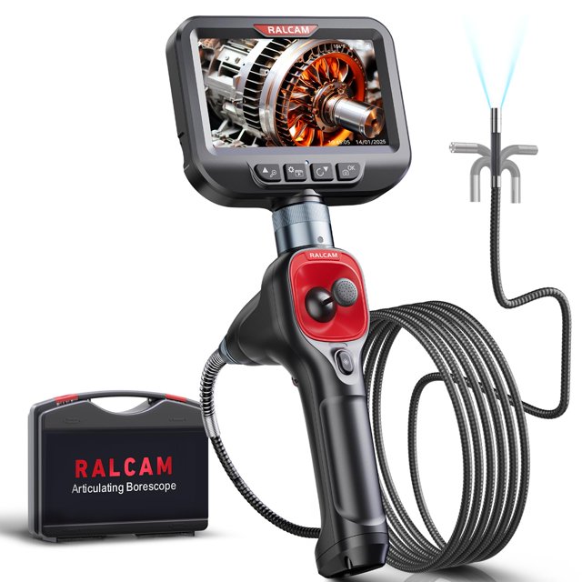 Ralcam Endoscópio Articulado 4 Vias 360°, Câmera de Inspeção à Prova d'Água Ultra Fina 6,2mm com Luz, Tela HD de 4,3", Zoom 4X, Endoscópio Semirrígido de 2 m para Motor, Tubulações, HVAC e Automotivo