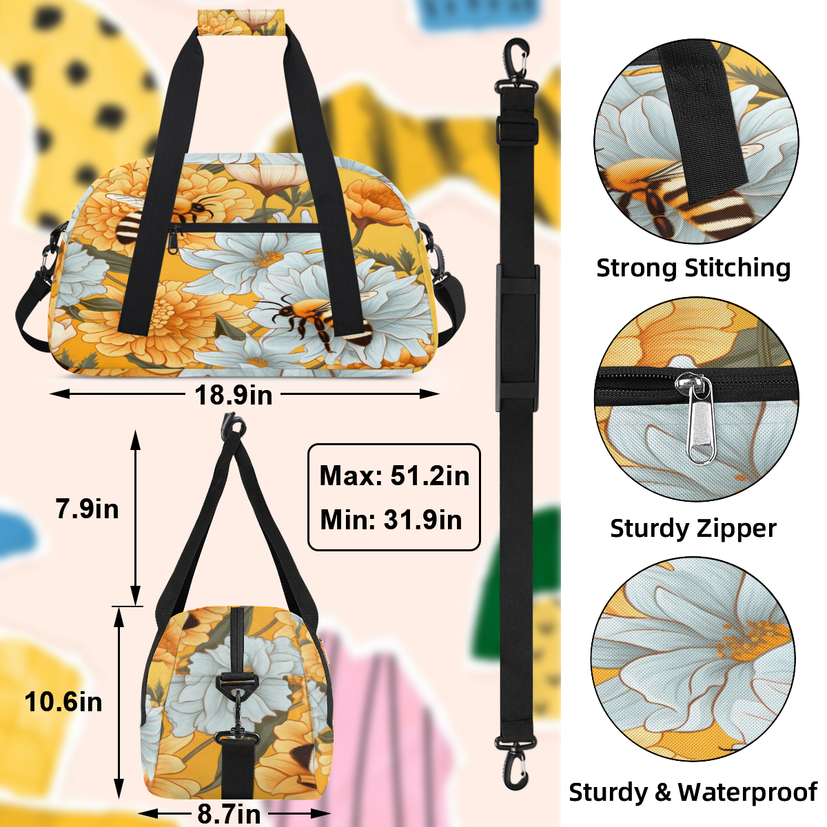 Herdesigns Bee Sports Duffle Bag for Women & Men, Gym Bag Dance Bag Overnight Bag Carry On Weekender Travel Bag