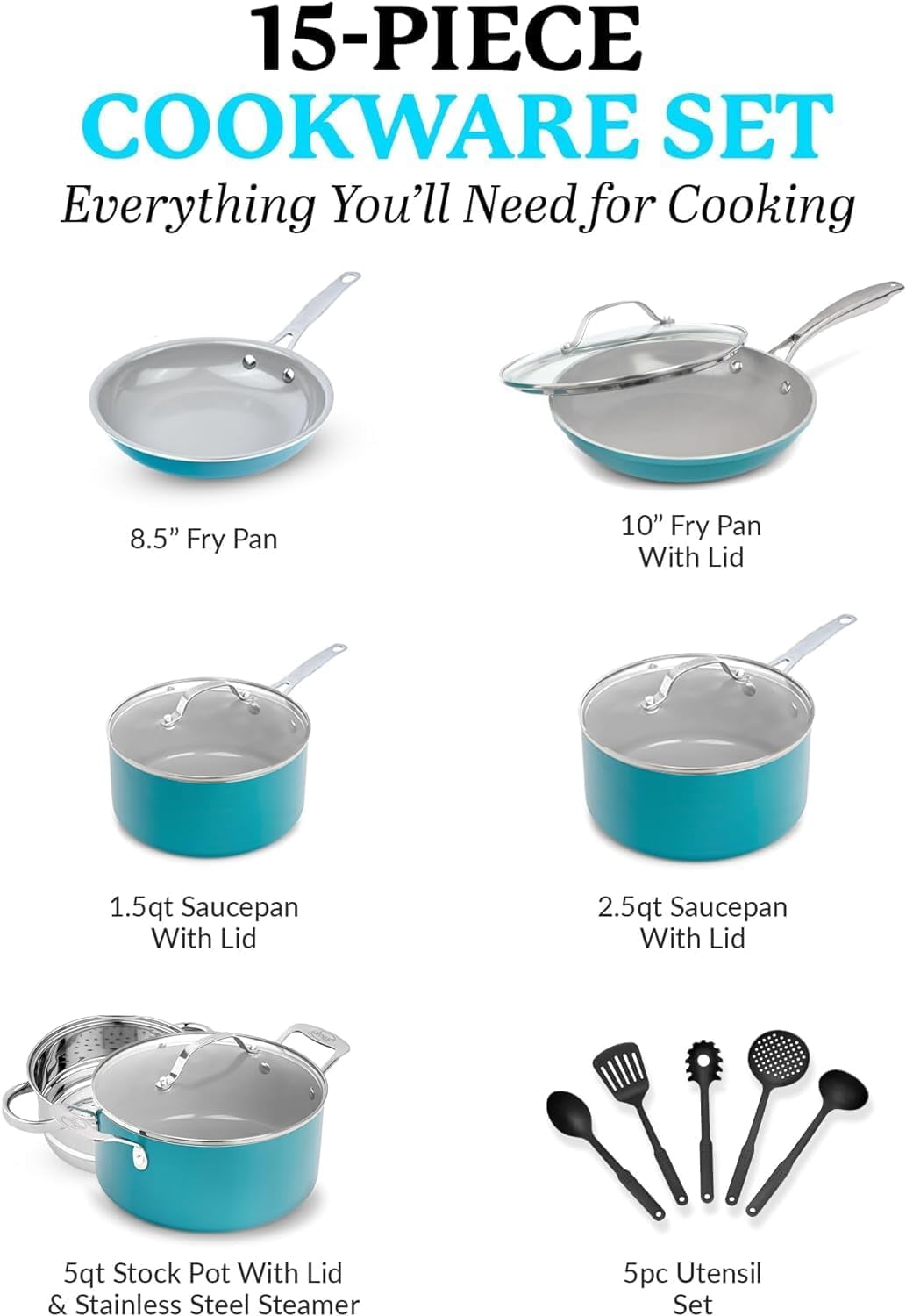 Gotham Steel 15 Pc Ceramic Pots and Pans Set Non Stick, Copper Cookeware Set with Utensils, Pot and Pan Set Nonstick, Induction Compatible with Stay Cool Handles, Aqua Blue