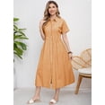 thumbnail image 2 of sicmoss Summer Women's Orange Striped Cotton Short Sleeve Shirt Dress Midi Long Relaxed Fit with Button-Down Collar, 2 of 4