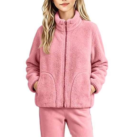Grblisyd Girls Fleece Jacket Zip Up Stand Collar Coat Fuzzy Plush Sherpa Top Winter Warm Cozy Outerwear for Teen Kids