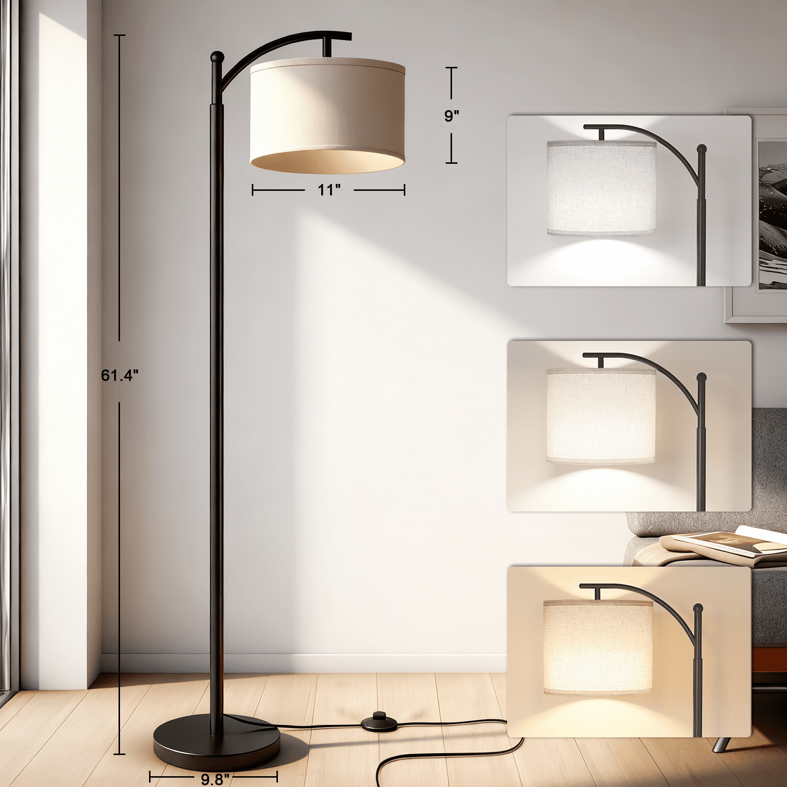 FOUKUS Arc Floor Lamp for Living Room: 16 Color LED Modern Tall Black Standing Lamp with Remote, Adjustable Reading Light for Bedroom Home Office Corner Decor