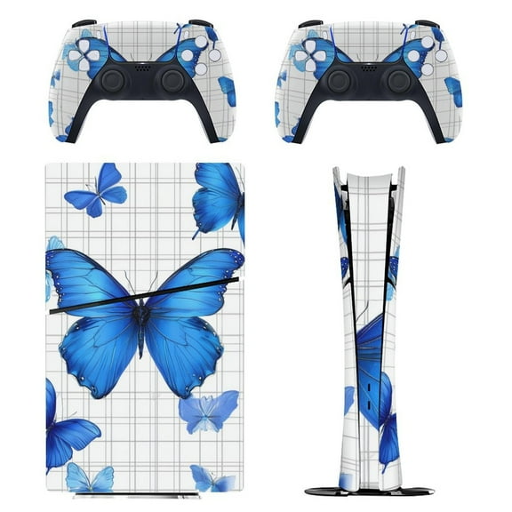 Skin Sticker for PS5 Slim Standard PS5 Pro Disc Digital Edition Console and Controllers Decals for Playstation 5 (Blue Butterfly,PS5 Slim Disc Edition)