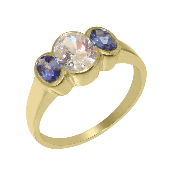 LBG British Made 14k Yellow Gold Cubic Zirconia & Natural Tanzanite Womens Anniversary Ring - 33 size options - Size 10